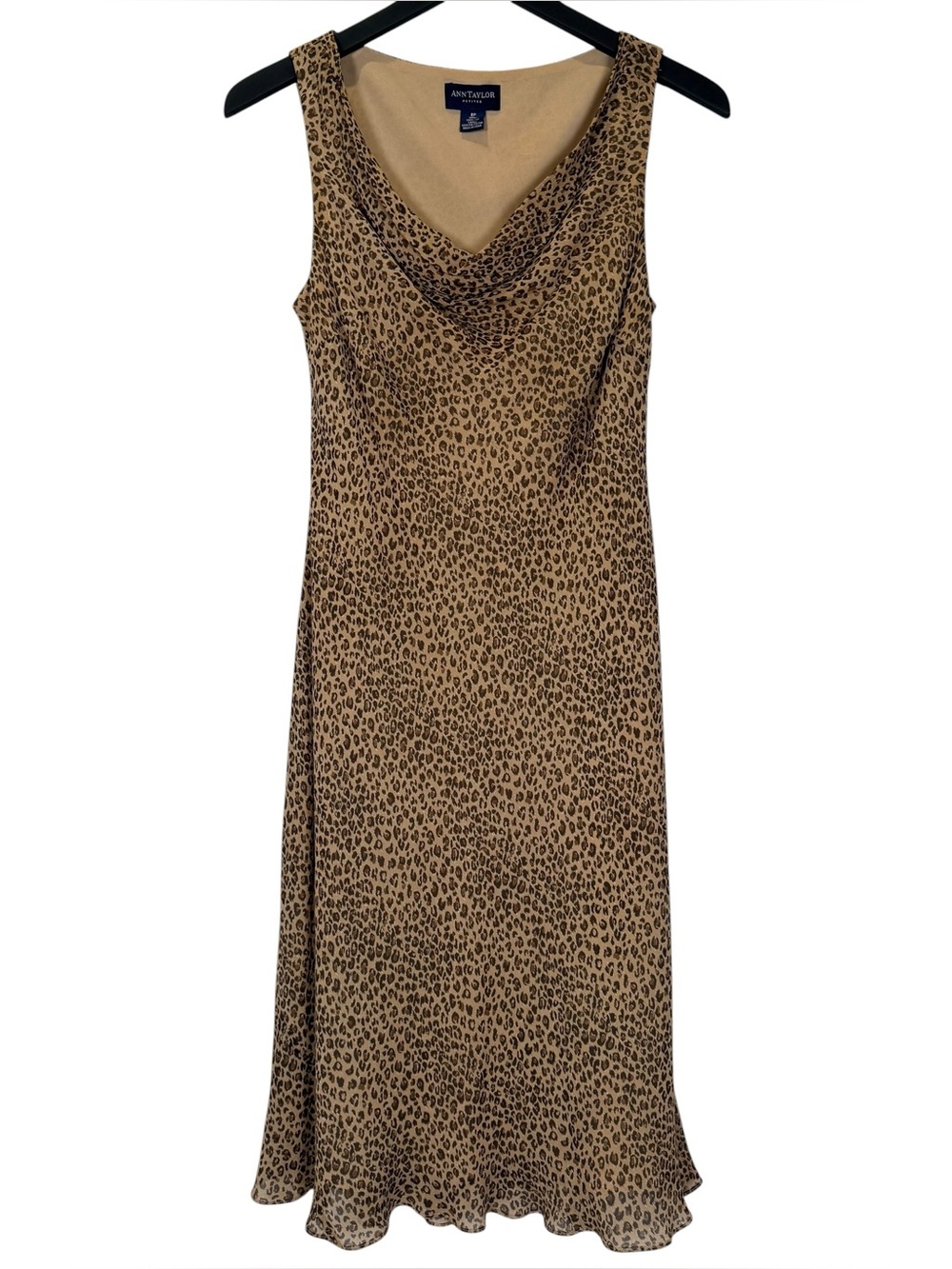 Ann Taylor Size 8 Petite Silk Leopard Print Cowl Neck Midi Dress Vintage 90s Y2K
